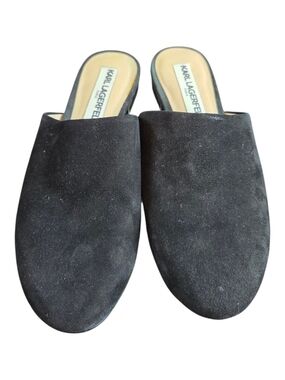 Karl Lagerfeld Black Suede Backless Slide Mules With Gold Accent Size 7